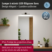 Lampe à miroir LED filigrane Sava noire avec protection IP44, idéale pour montage sur miroir de salle de bains
