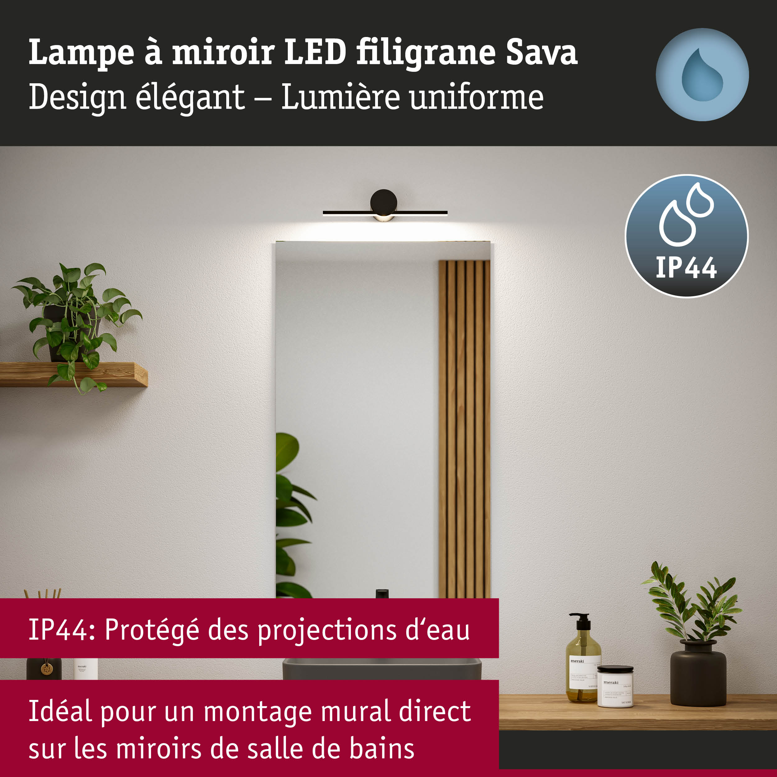 Lampe à miroir LED filigrane Sava noire avec protection IP44, idéale pour montage sur miroir de salle de bains