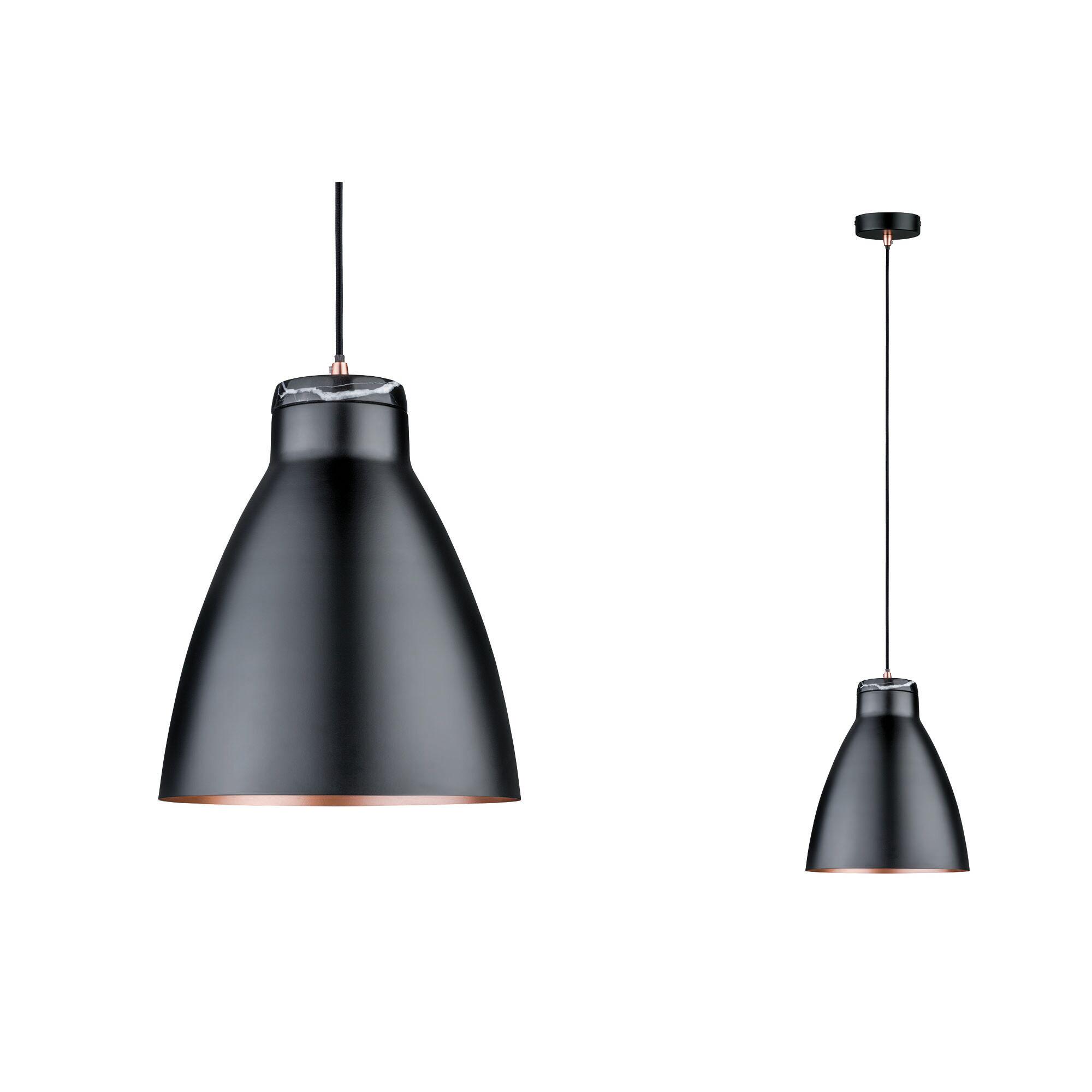 Black metal pendant lamp with copper interior ring and fabric cable for modern home lighting