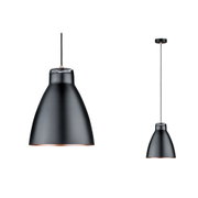 Black metal pendant lamp with copper interior ring and fabric cable for modern home lighting
