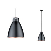 Schwarze Metall-Pendelleuchte mit kupferfarbenem Innenring und Textilkabel für moderne Wohnräume