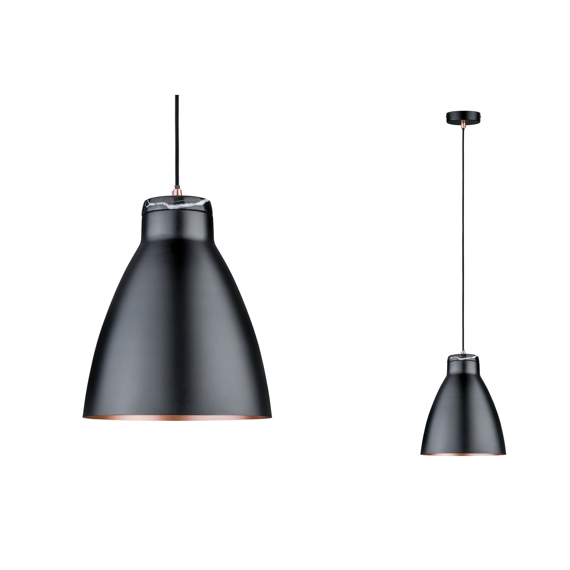 Schwarze Metall-Pendelleuchte mit kupferfarbenem Innenring und Textilkabel für moderne Wohnräume