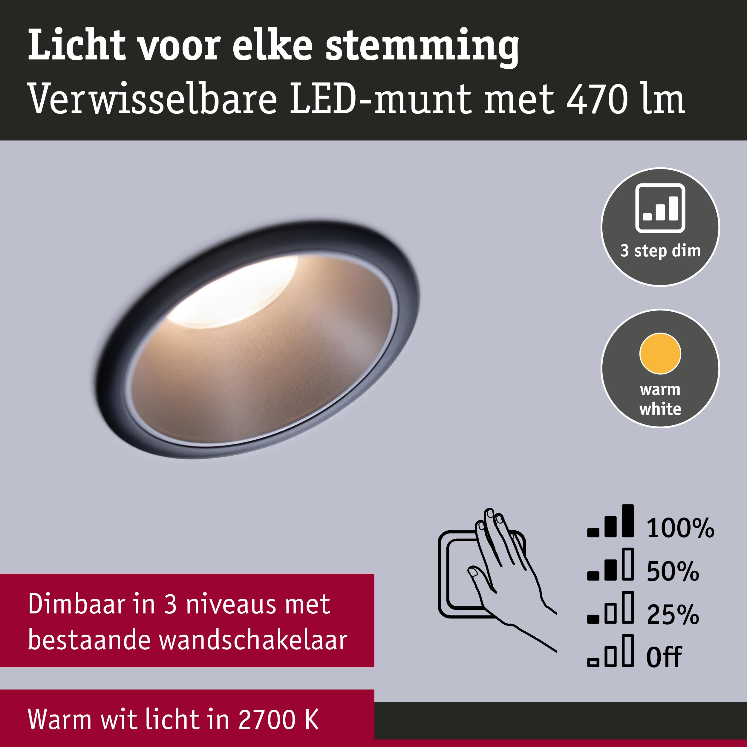 Dimbare LED-inbouwspot met warm wit licht 2700K, 470 lumen en 3-traps dimfunctie