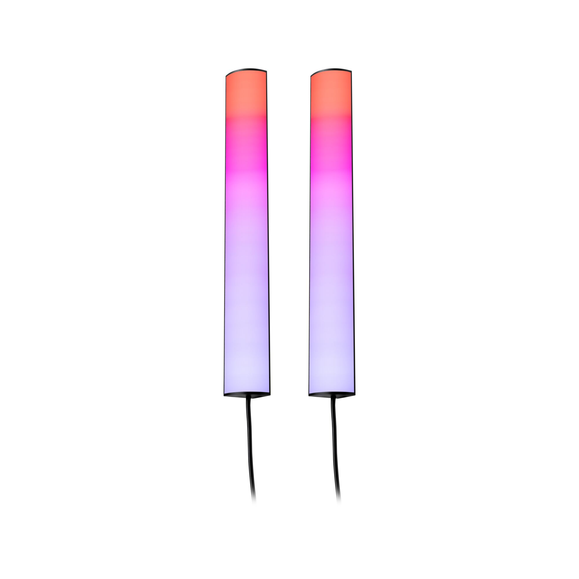 Zwei schlanke LED-Stimmungslichter mit Farbverlauf von Orange zu Violett, modernes Design.