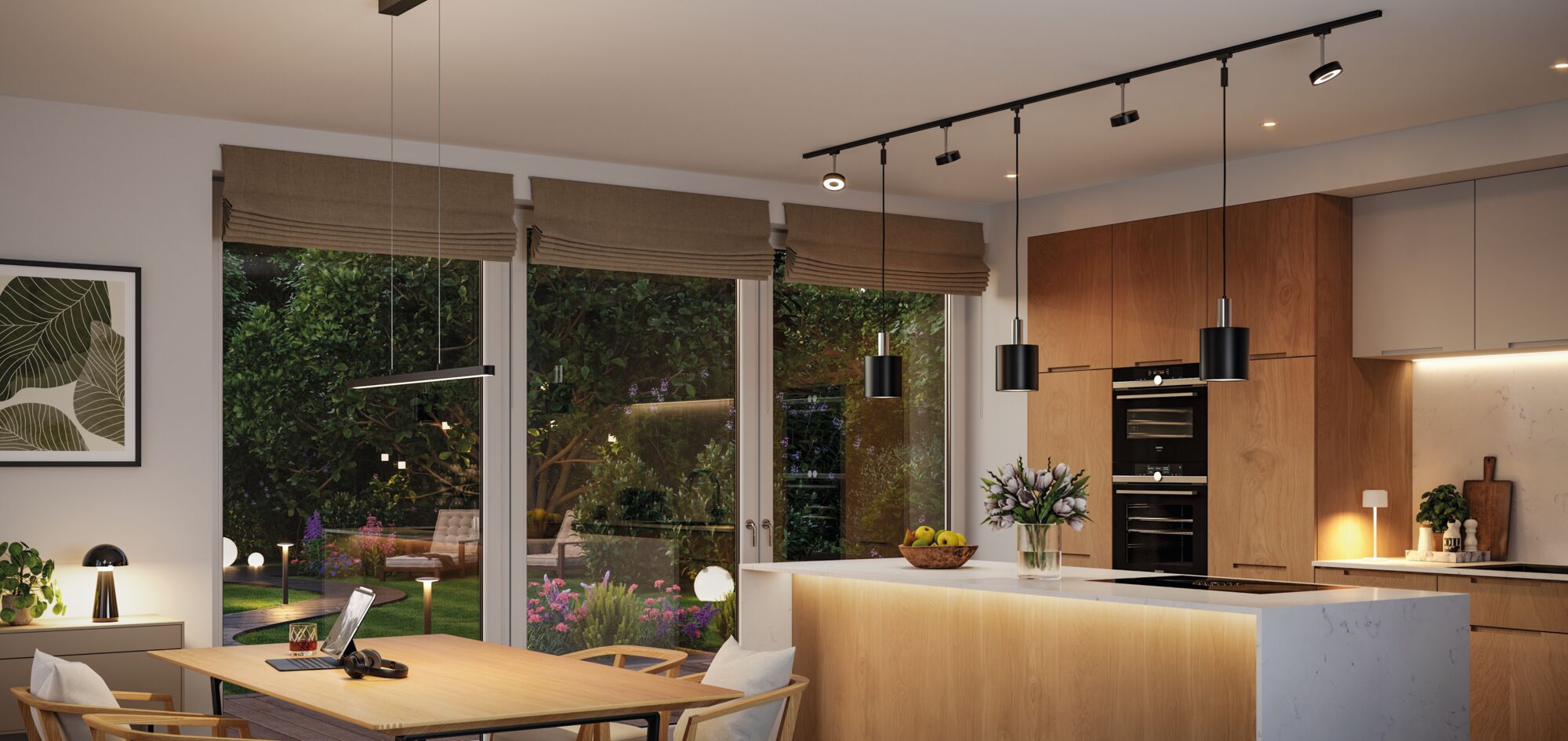 Modern kitchen with wooden cabinets and black LED pendant lights over white marble island, interior lighting