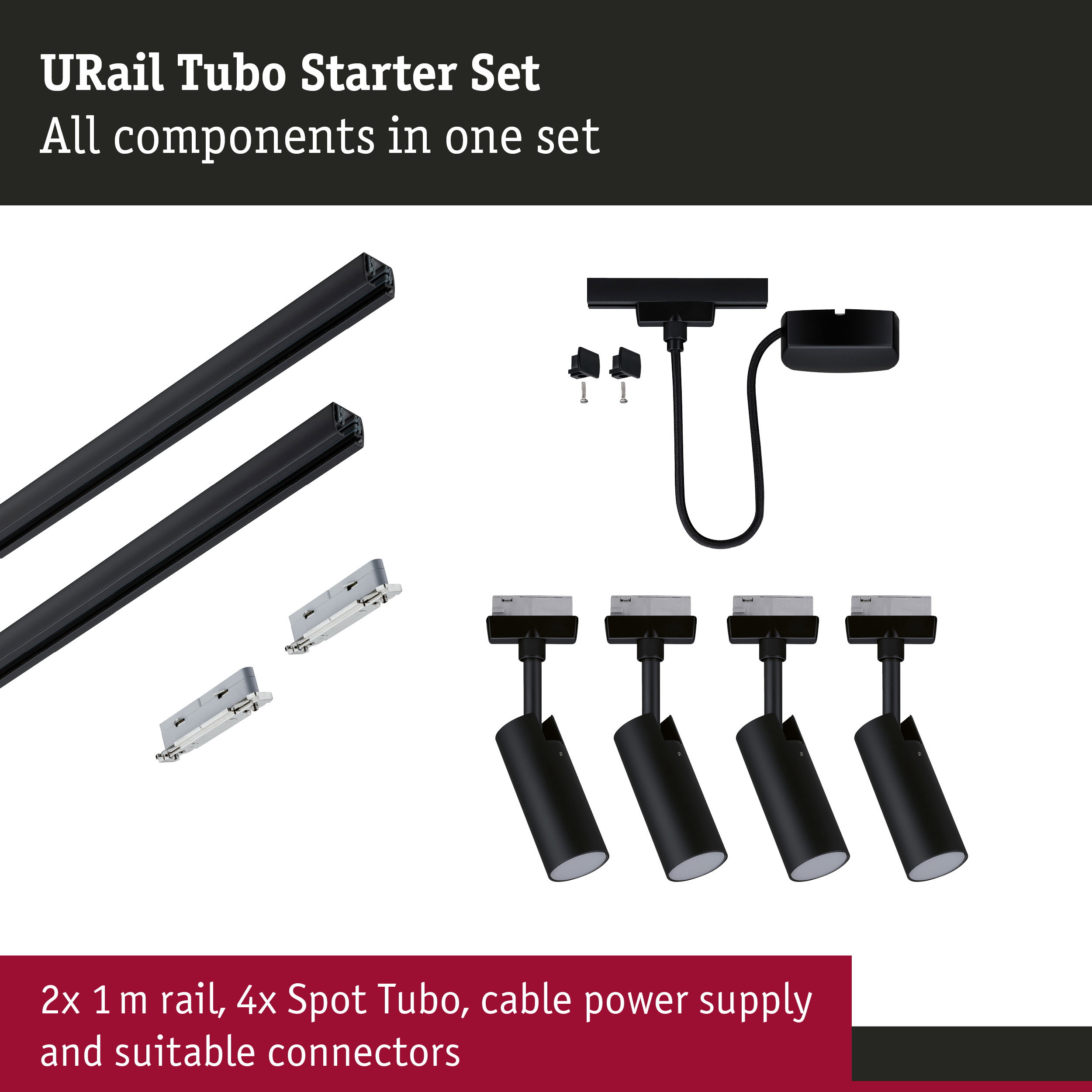 URail Rail spot Tubo Starter set 4x250lm 4x4,5W 3000K 230V Black matt