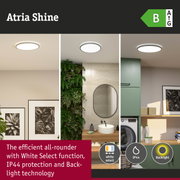 Round Atria Shine LED ceiling light with white finish, IP44 protection and backlight technology
