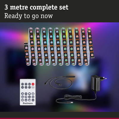 3 metre LED strip light set with remote, power adapter and connector cable for colorful ambient lighting