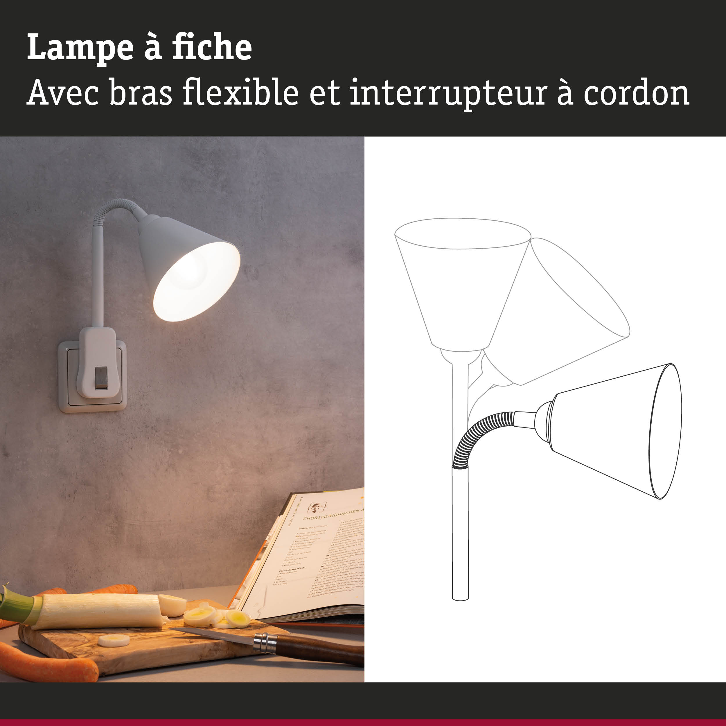 Lampe à fiche blanche avec bras flexible et interrupteur, idéale pour l'éclairage de cuisine