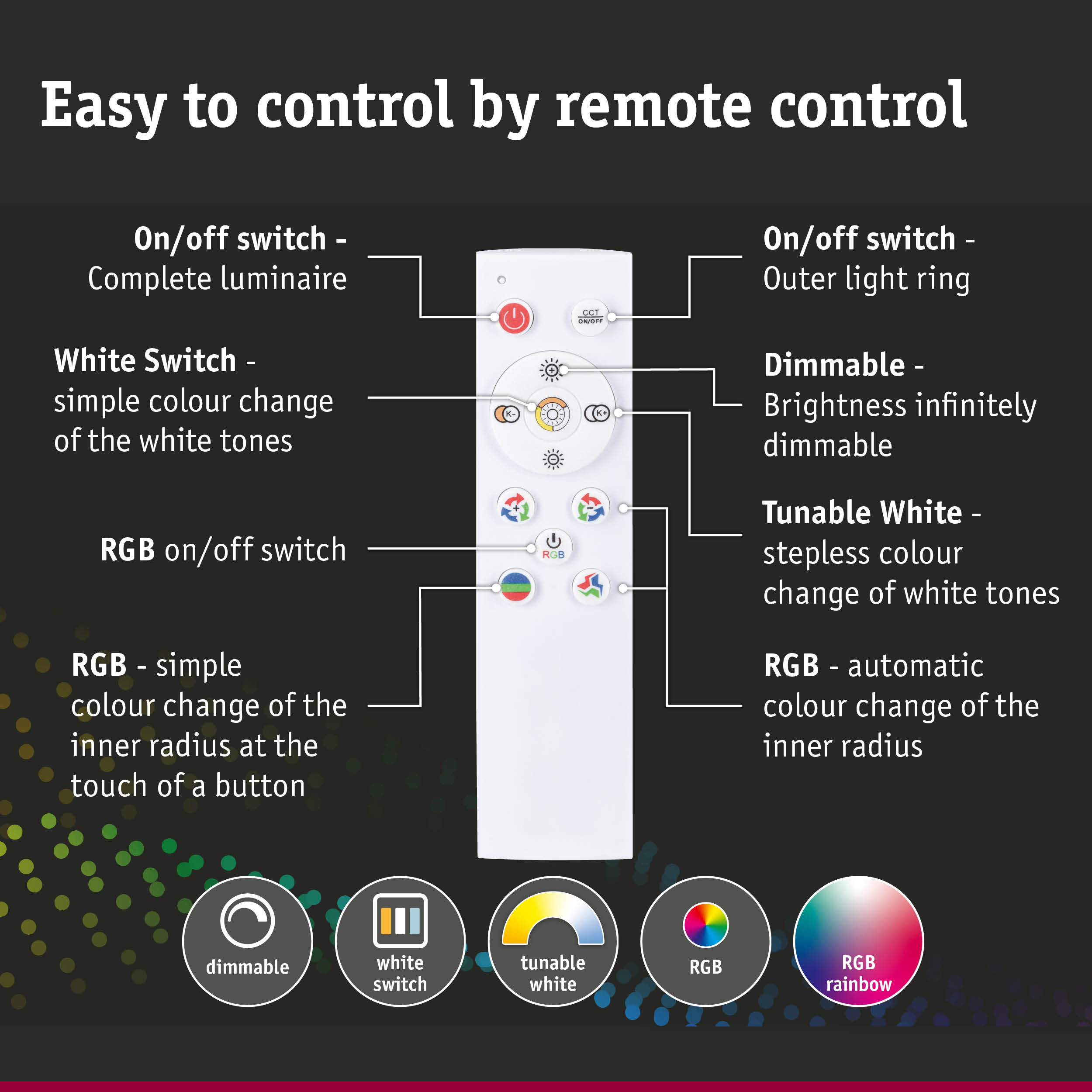 White remote control with buttons for dimmable light, white switch, and RGB color change control
