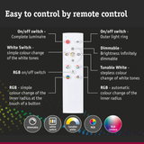 White remote control with buttons for dimmable light, white switch, and RGB color change control