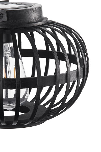 Black wooden lamp with open cage design and visible bulb for modern interior lighting