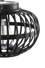 Schwarze Holzlampe mit offenem Gitterdesign und sichtbarer Glühbirne für moderne Wohnräume