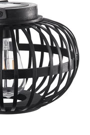 Schwarze Holzlampe mit offenem Gitterdesign und sichtbarer Glühbirne für moderne Wohnräume