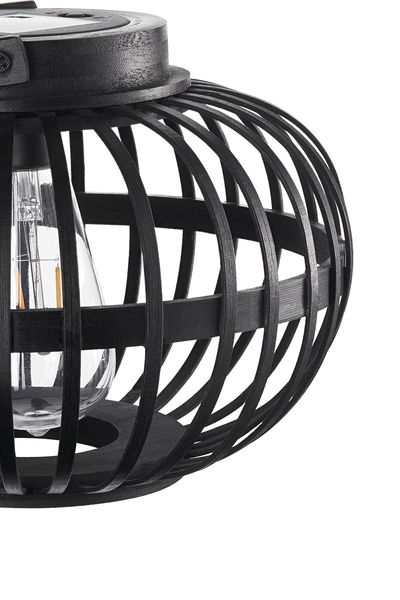 Schwarze Holzlampe mit offenem Gitterdesign und sichtbarer Glühbirne für moderne Wohnräume