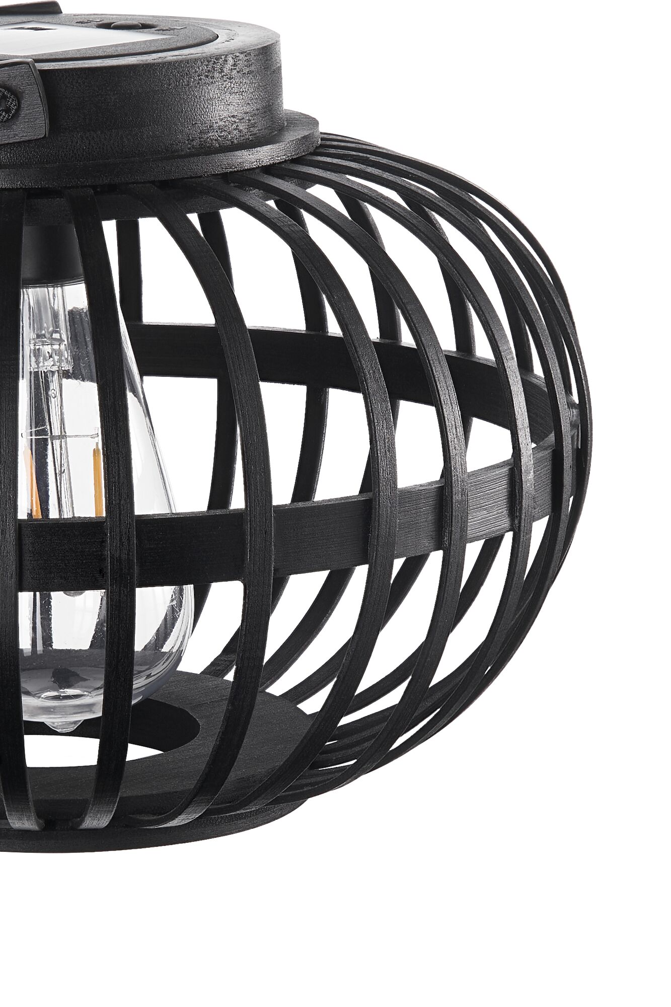 Schwarze Holzlampe mit offenem Gitterdesign und sichtbarer Glühbirne für moderne Wohnräume