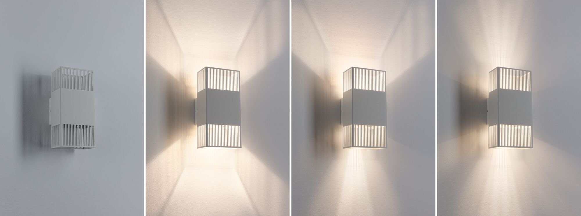 Moderner weißer Metall-Wandleuchter mit vertikalen Streben und warmweißem LED-Licht für Wohnräume