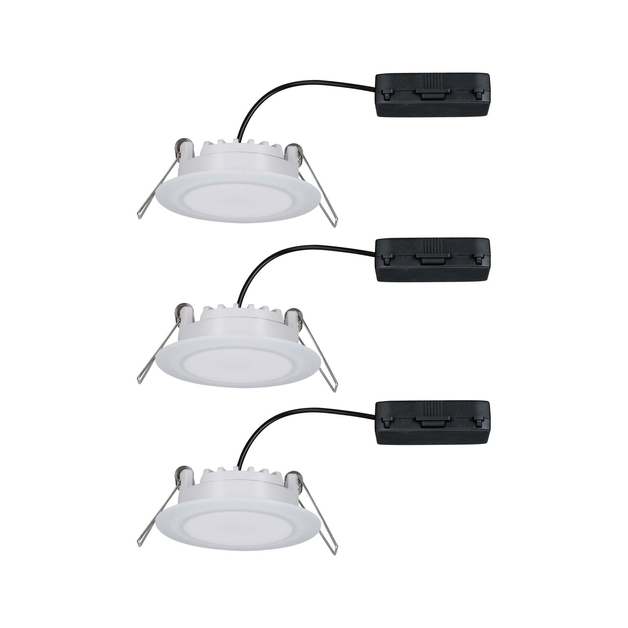 Three white LED recessed spotlights with black cable for energy-efficient room lighting