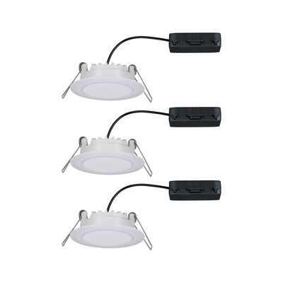 Three white LED recessed spotlights with black cable for energy-efficient room lighting