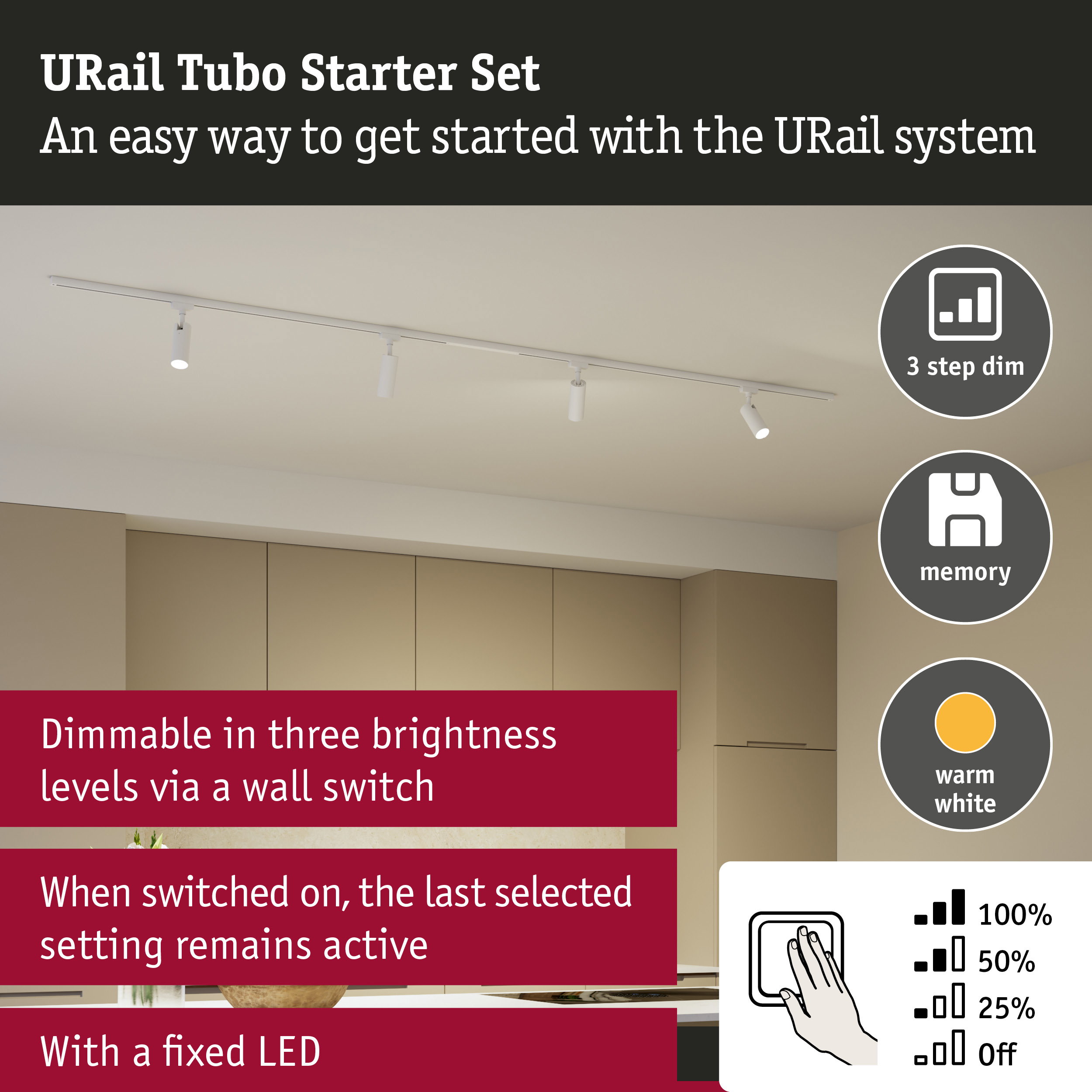 URail Rail spot Tubo Starter set 4x150lm 4x4W 3000K dimmable 230V Signal white