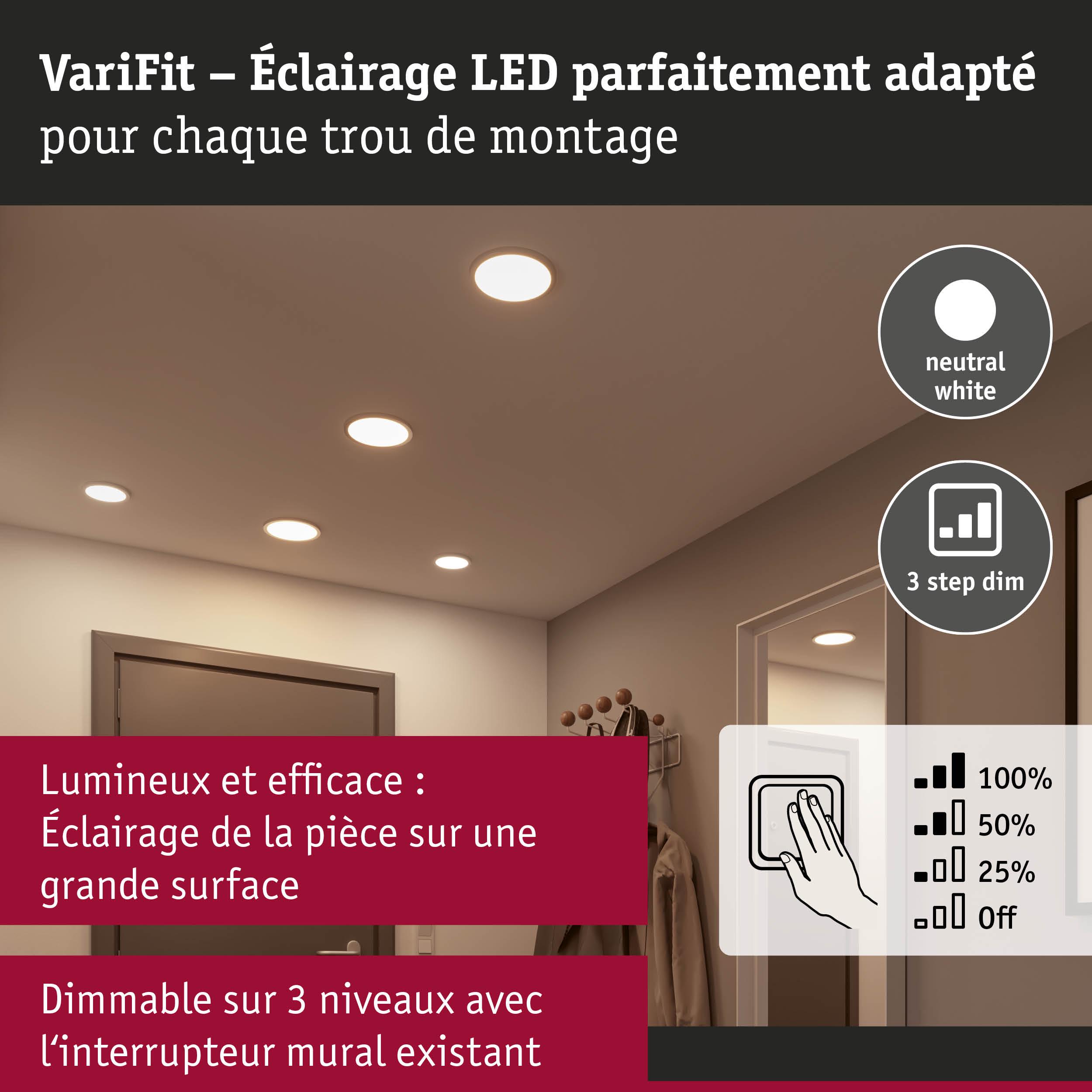 Éclairage LED encastré en blanc neutre avec gradation 3 niveaux pour une lumière efficace et lumineuse
