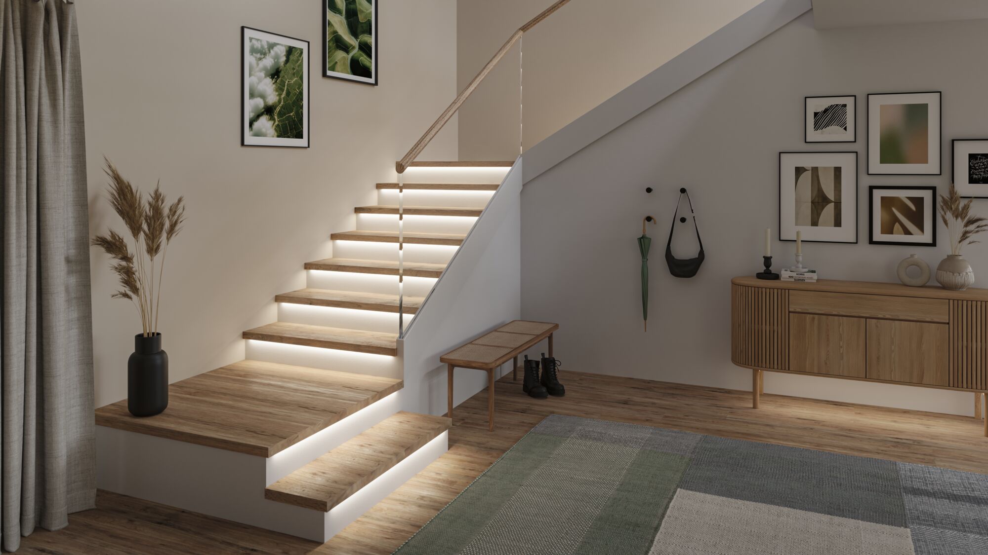 Modern wooden staircase with integrated LED step lighting in bright living space with furniture and decor