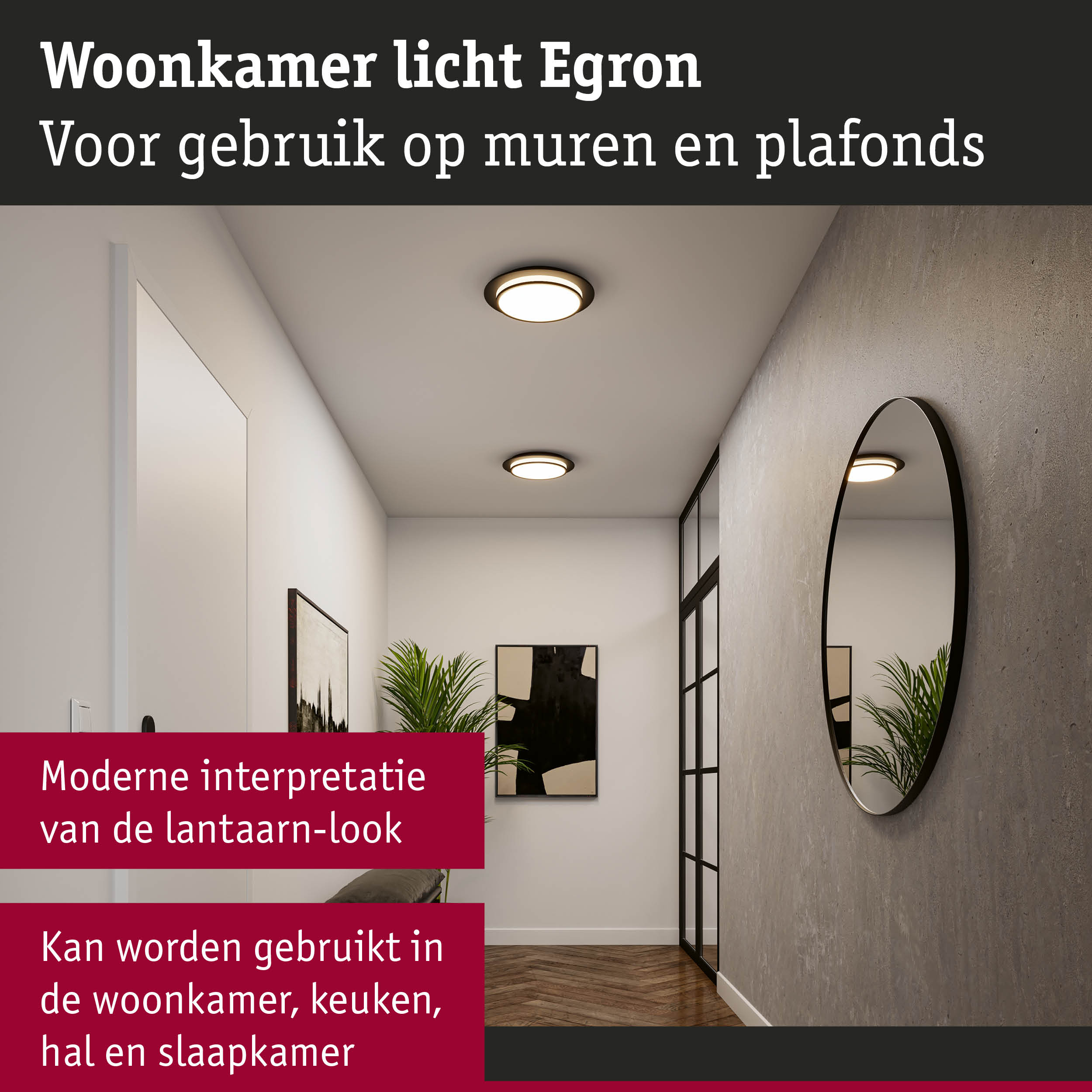 Woonkamerlicht Egron modern voor wand- en plafondmontage in witte gang met spiegel
