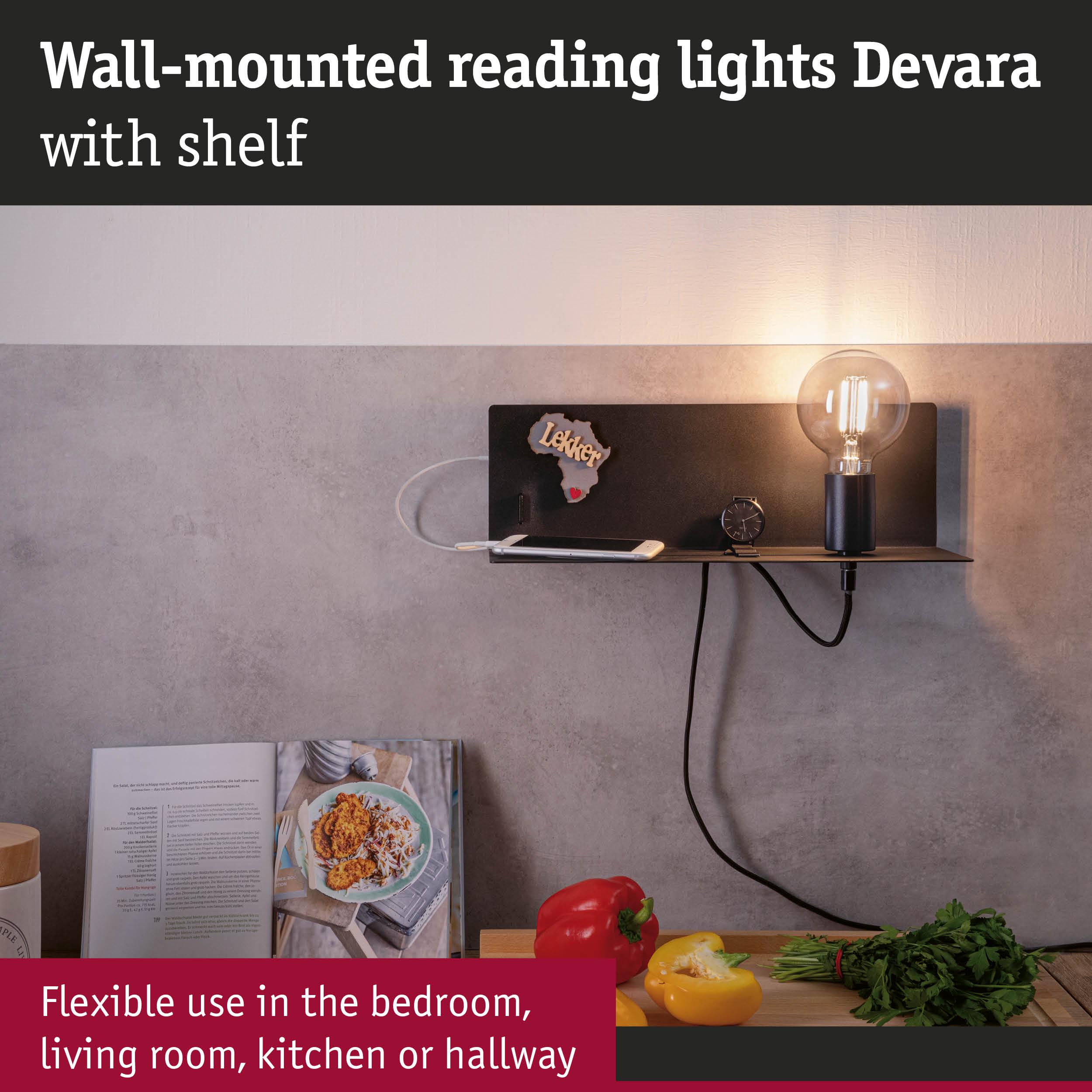 Wall-mounted Devara reading light with black metal shelf and warm white bulb for flexible home lighting