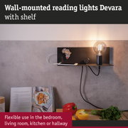 Black metal wall-mounted Devara reading light with bulb and shelf for bedroom and kitchen