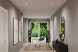 Moderner Flur mit grauer Wand, Teppich, schwarzem Sideboard und LED-Einbaustrahlern in der Decke