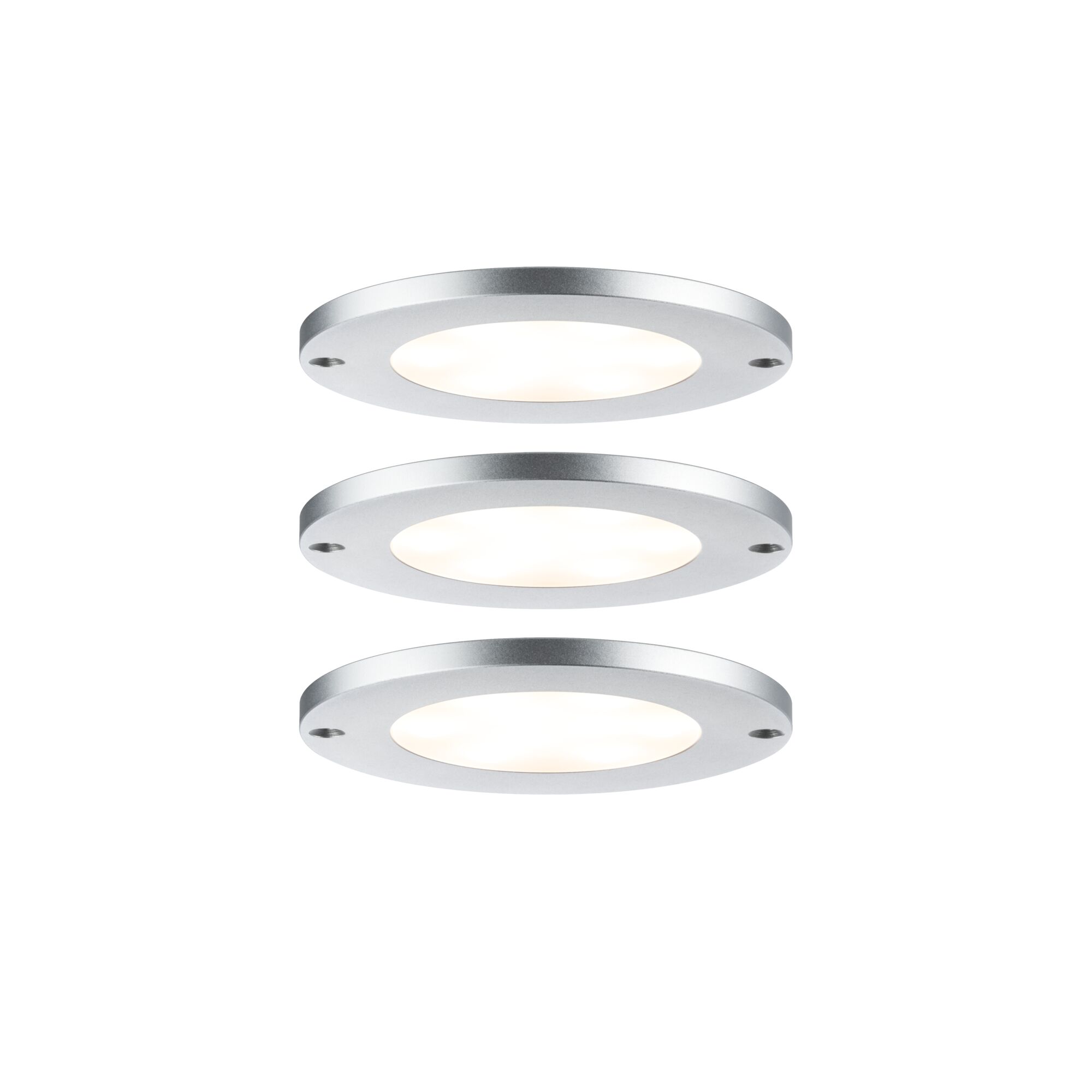 Drei runde LED-Deckenleuchten aus silbernem Aluminium mit warmweißem Licht für moderne Innenräume