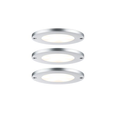 Drei runde LED-Deckenleuchten aus silbernem Aluminium mit warmweißem Licht für moderne Innenräume