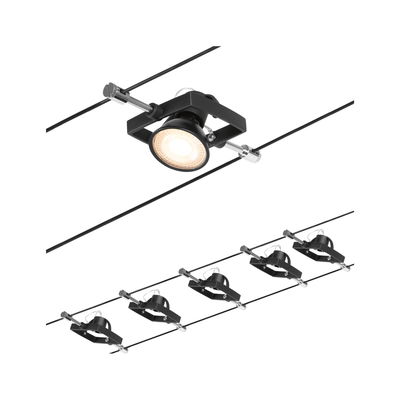 Black LED cable spotlight with adjustable head and metal mount for modern lighting solutions.