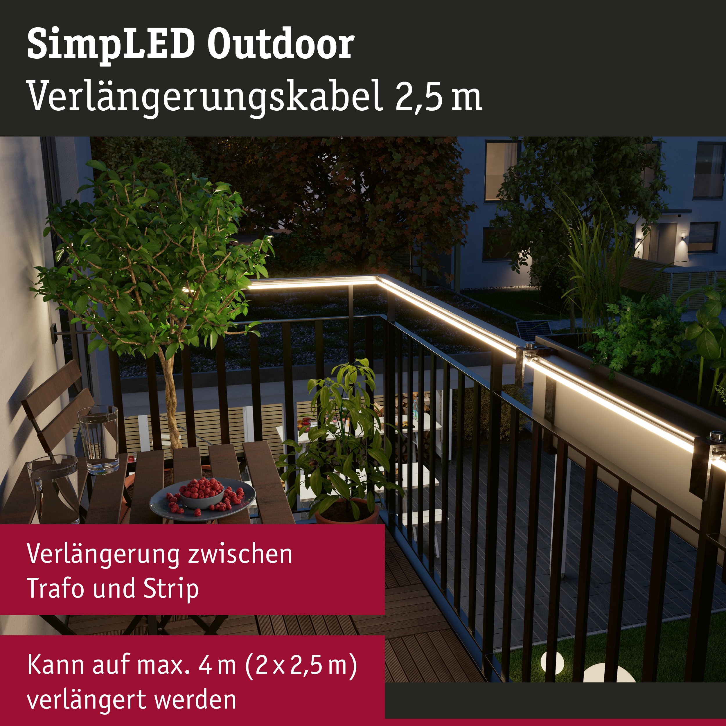 SimLED Outdoor Verlängerungskabel 2,5 m in Schwarz für LED Strip Beleuchtung im Außenbereich
