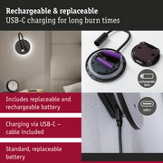 Black LED wall light with USB-C charging cable and replaceable battery for extended burn time