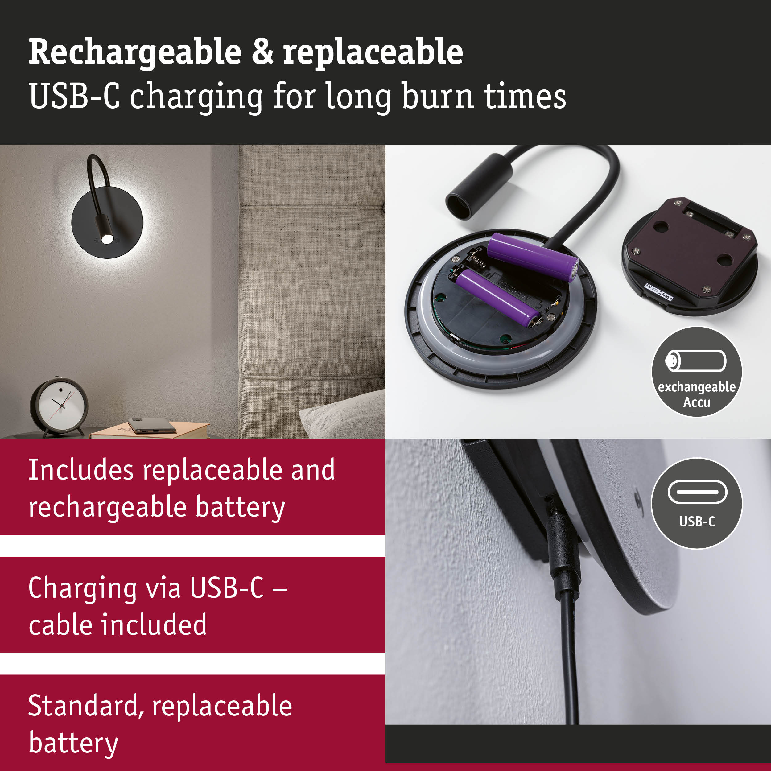 Black LED wall light with USB-C charging cable and replaceable battery for extended burn time