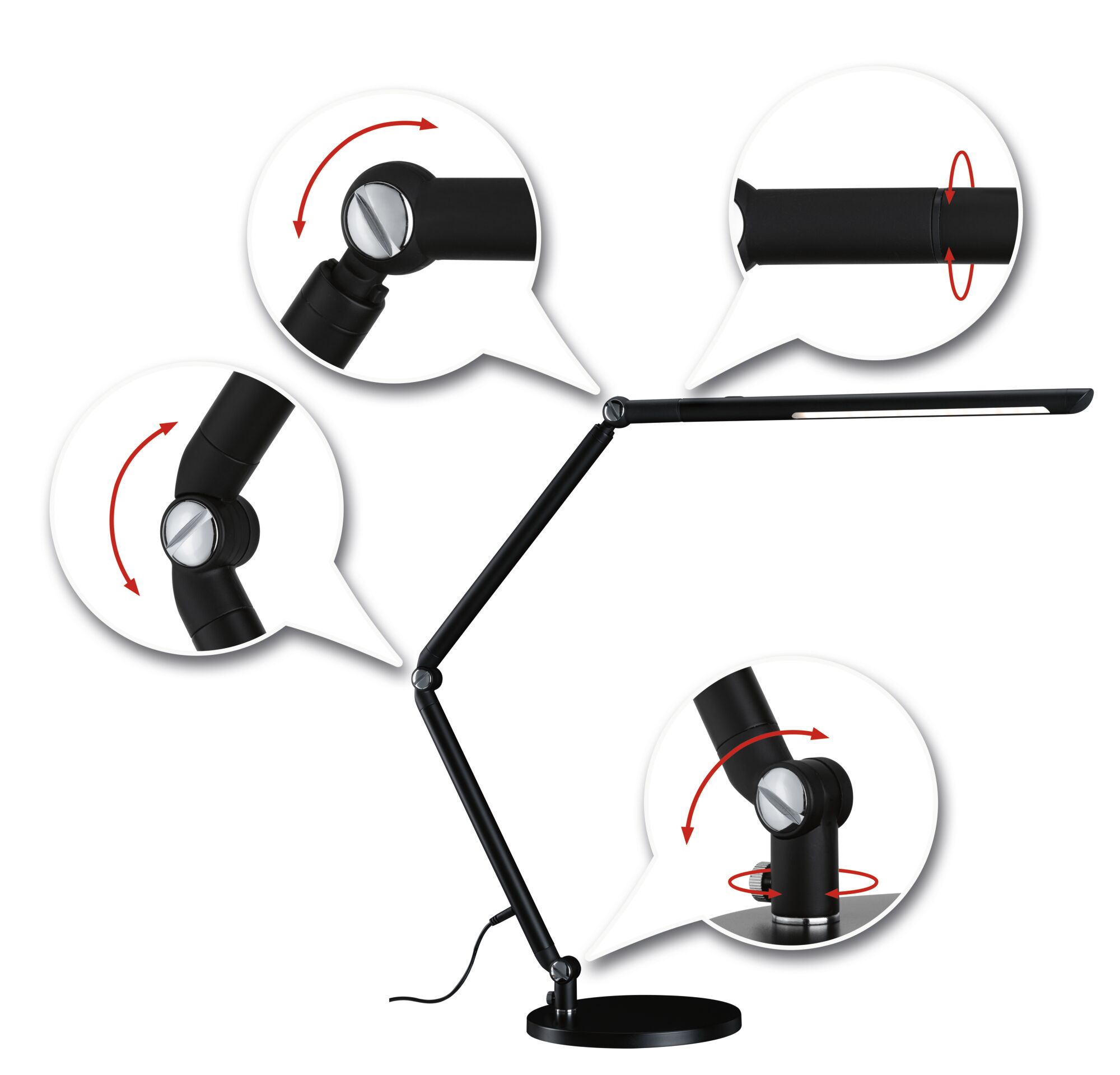 Black LED desk lamp with adjustable metal joints for flexible lighting and modern design.