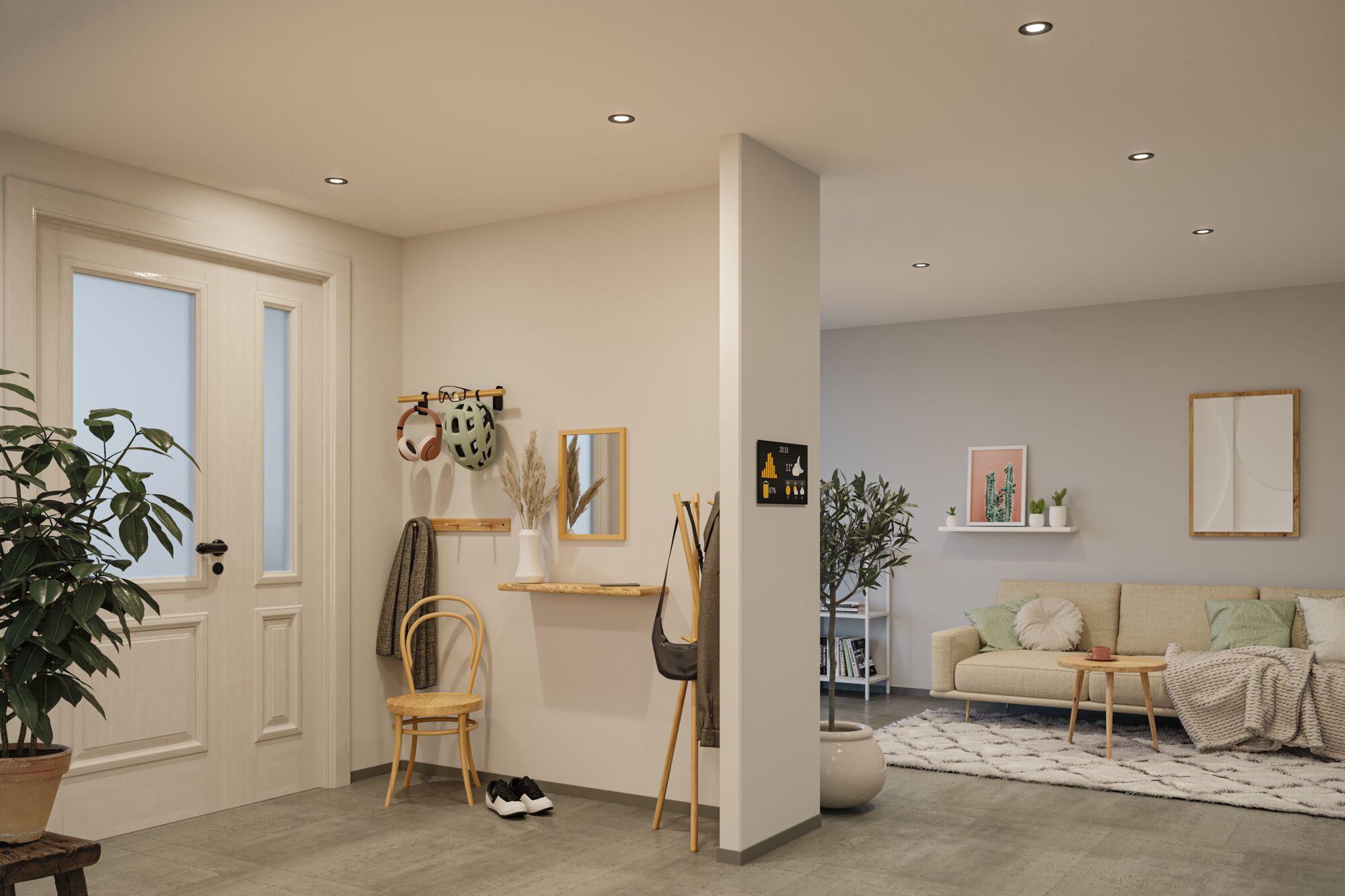 Modern entrance with white door, wooden chair, coat rack and smart wall display for lighting control