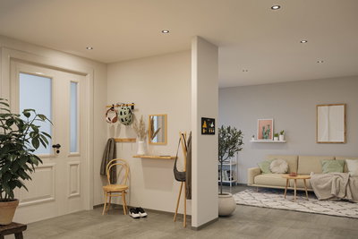 Modern entrance with white door, wooden chair, coat rack and smart wall display for lighting control