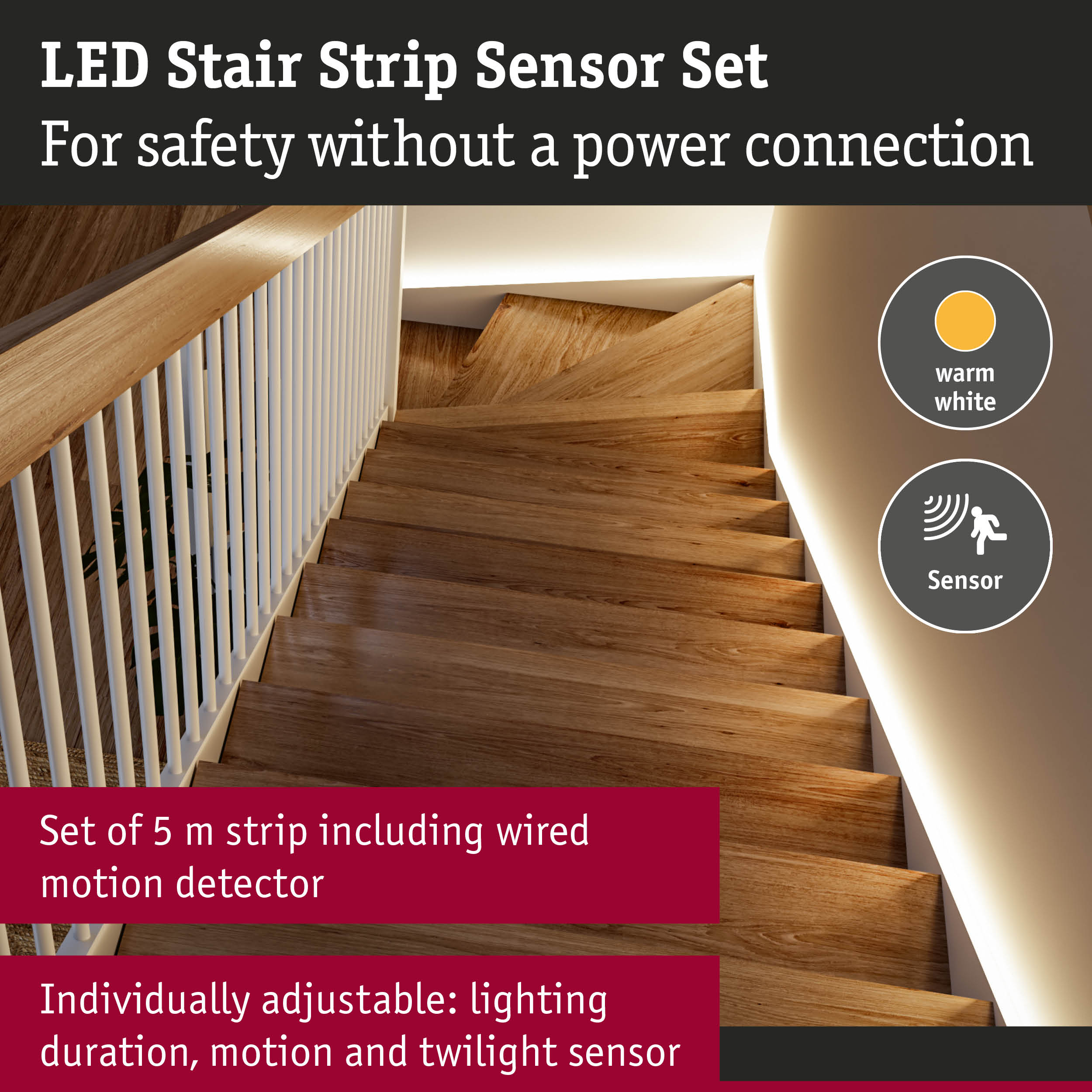 LED stair strip sensor set with warm white light and motion detector for safe stair lighting