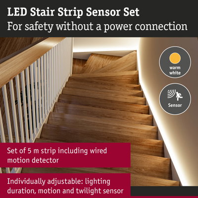 LED stair strip sensor set with warm white light and motion detector for safe stair lighting