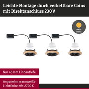 Drei LED-Einbaustrahler mit Holzring und warmweißer Lichtfarbe, vernetzt für 230V Anschluss