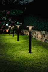 Vier schwarze LED-Gartenleuchten mit warmweißem Licht auf grünem Rasen neben Steinmauer und Blumen.