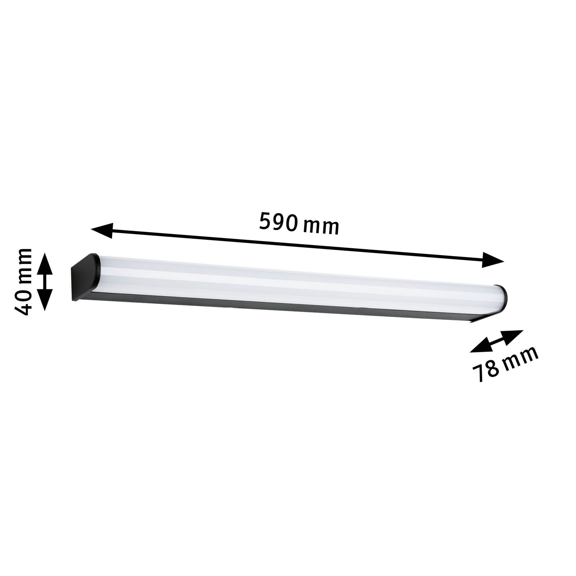 Lumière LED noire sous meuble avec diffuseur blanc, dimensions 590x40x78 mm, éclairage cuisine économique