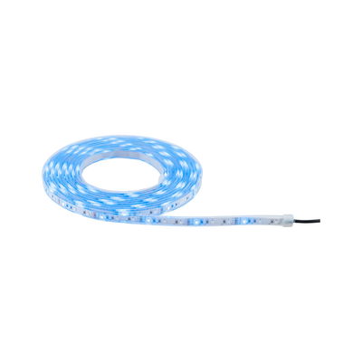 Blue glowing LED strip light with transparent material for flexible lighting and decoration.