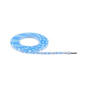 Blue glowing LED strip light with transparent material for flexible lighting and decoration.