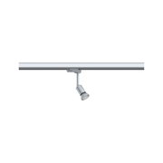 Moderner silberner LED-Strahler aus Metall an Schienensystem für flexible Raumbeleuchtung