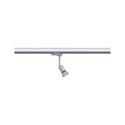 Moderner silberner LED-Strahler aus Metall an Schienensystem für flexible Raumbeleuchtung