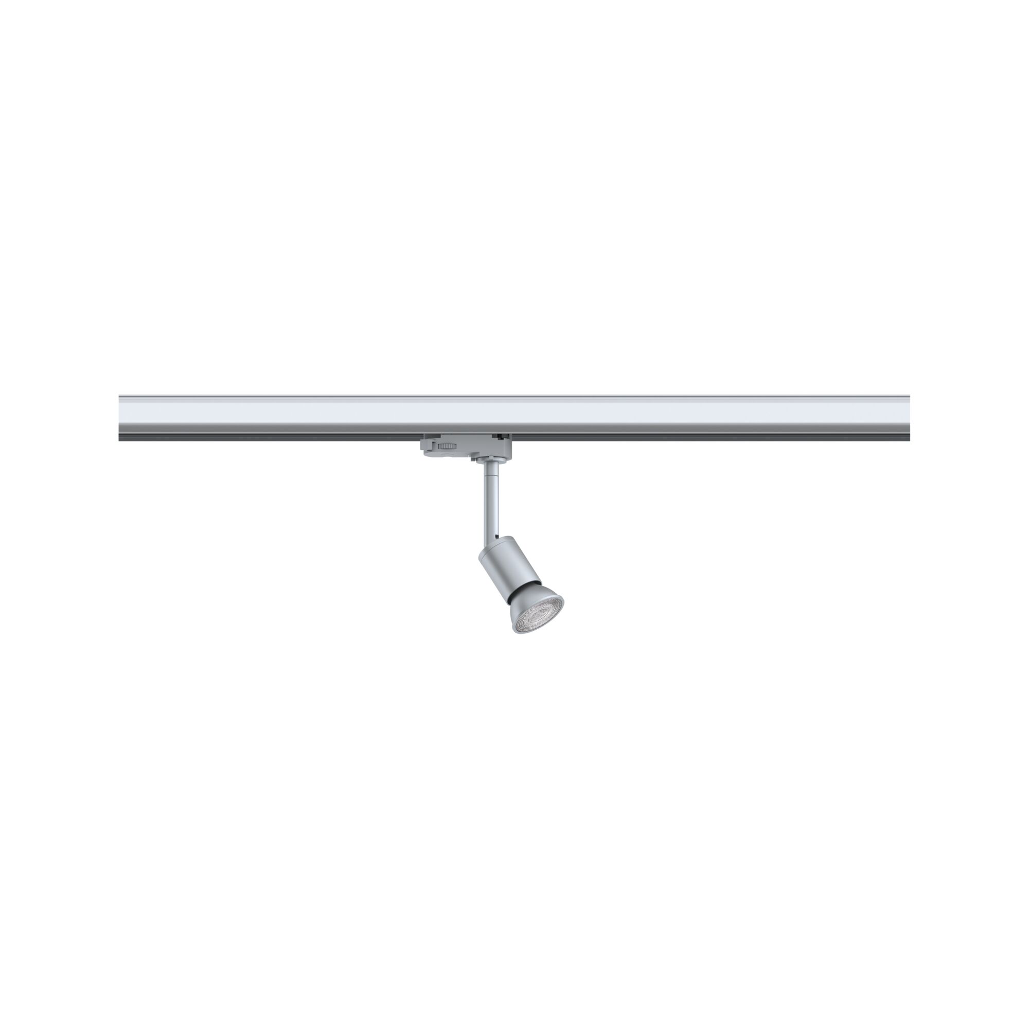 Moderner silberner LED-Strahler aus Metall an Schienensystem für flexible Raumbeleuchtung