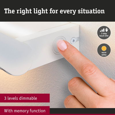 White LED wall light with touch dimmer and three brightness levels for warm white lighting